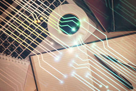 Multi exposure of data theme drawing hologram over topview work desk background with computer. Concept of technology.の写真素材