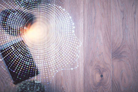 Multi exposure of brain drawing over work table desktop. Top view. Global data analysis concept.の写真素材