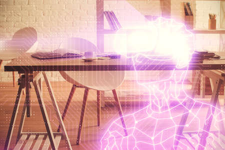 Double exposure of man in VR glasses drawing and office interior background. Concept of AR.