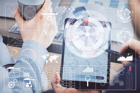 Multi exposure of man's hands holding and using a digital device and data theme drawing. Innovation...