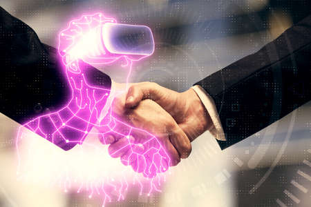 Double exposure of VR glasses drawings hologram and handshake of two men. Partnership concept.