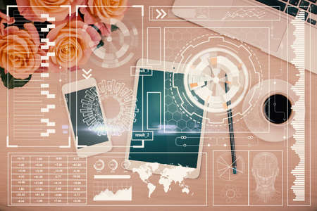 Multi exposure of technology theme drawing over work table desktop. Top view. Global data analysis...