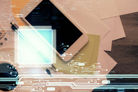 Double exposure of technology theme drawing over work table desktop. Top view. Global data analysis concept.の写真素材