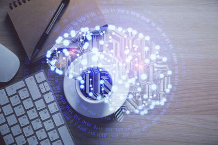 Double exposure of brain sketch and table top veiw. Concept of data analysis.