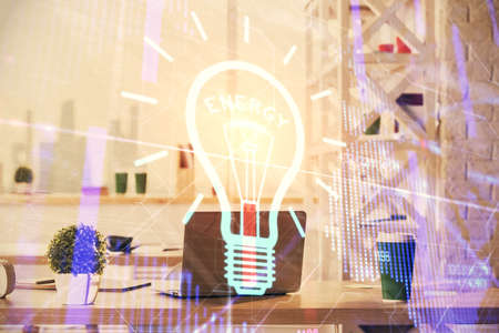 Double exposure of bulb and office interior background. Concept of idea.の写真素材