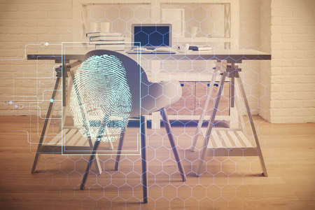 Double exposure of finger print and office interior background. Concept of security.