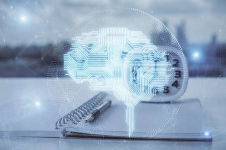 Multi exposure of brain drawings and desk with open notebook background. Concept of AIの写真素材
