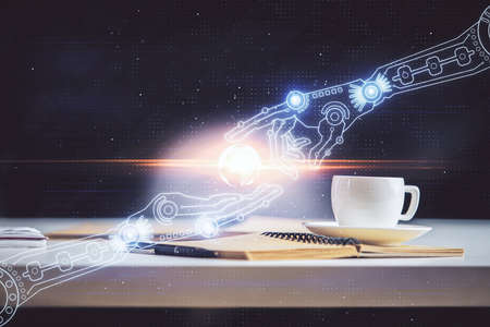 Multi exposure of technology theme drawing and desktop with coffee and items on table background....