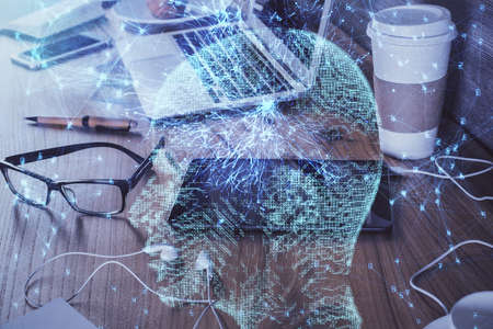 Double exposure of brain theme drawing and cell phone background. Concept of information