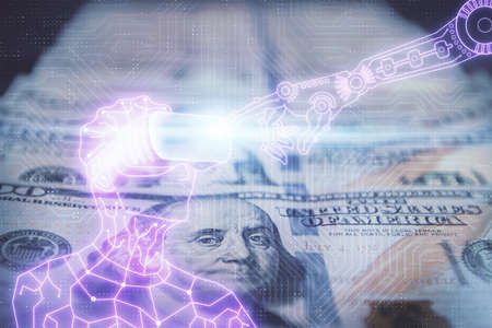 Double exposure of man wearing VR glasses drawing over usa dollars bill background. Concept of virtual reality.の写真素材
