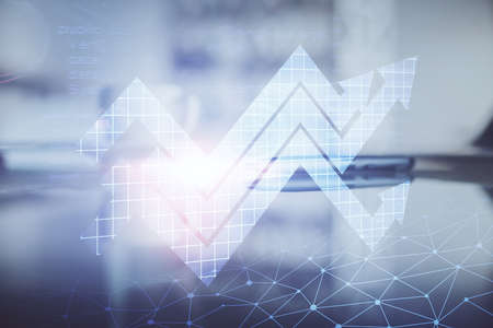 Double exposure of arrows up drawing hologram over coffee cup background in office. Concept of...