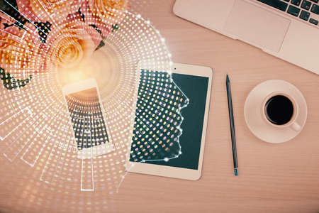 Double exposure of brain drawing over work table desktop. Top view. Global data analysis concept.の写真素材