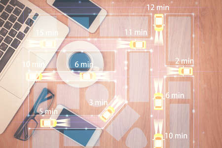 Multi exposure of auto technology theme drawing over table with phone. Top view. Concept of...