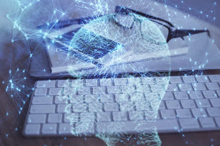 Double exposure of brain theme drawing and cell phone background. Concept of informationの写真素材