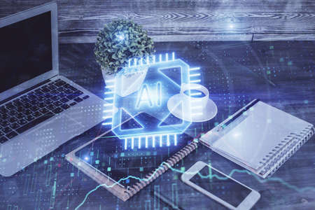 Double exposure of data theme drawing and mobile phone background. Concept of innovation