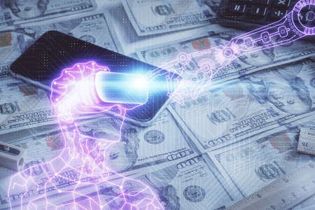 Double exposure of man wearing VR glasses drawing over usa dollars bill background. Concept of...