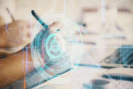 Double exposure of data theme sketch drawing over people writing background. Concept of technology