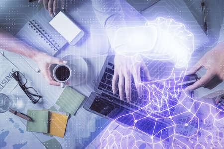 Double exposure of man and woman working together and man in virtual glasses hologram drawing....