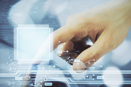 Multi exposure of man's hand holding and using a digital device and data theme drawing. Innovation...