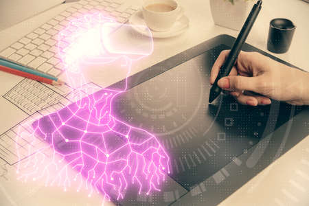 Double exposure of man in vr glasses sketch hologram and woman holding and using a mobile device.の写真素材