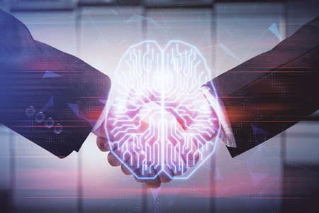 Double exposure of brain hologram and handshake of two men. Partnership in IT industry concept.の写真素材