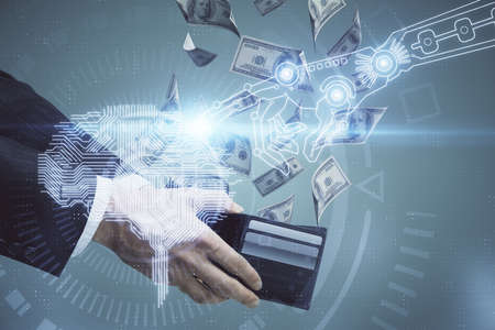 Multi exposure of brain drawing hologram and us dollars bills and man hands. Ai invest conceptの写真素材