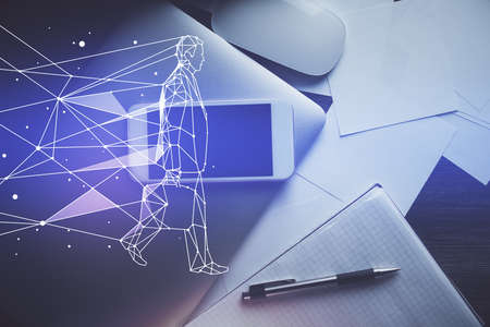 Multi exposure of creative drawing over table with phone. Top view. Concept of startup.の写真素材