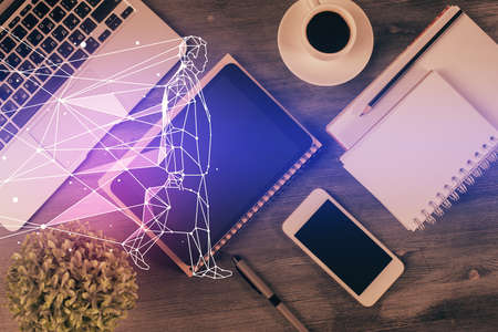 Multi exposure of creative drawing over table with phone. Top view. Concept of startup.の写真素材