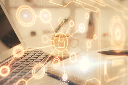 Double exposure of social network drawing and desktop with coffee and items on table background....
