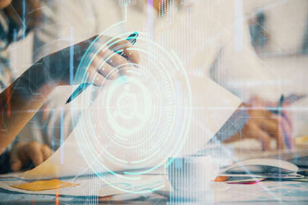 Double exposure of data theme sketch drawing over people writing background. Concept of technology