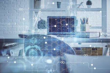 Double exposure of data theme drawing and office interior background. Concept of technology.
