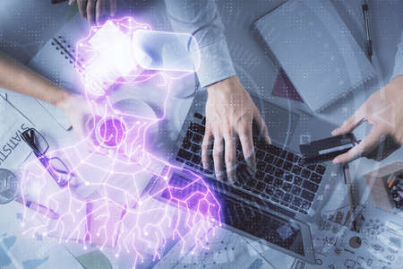 Double exposure of man and woman working together and man in virtual glasses hologram drawing....