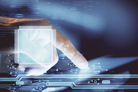 Multi exposure of man's hand holding and using a digital device and data theme drawing. Innovation...