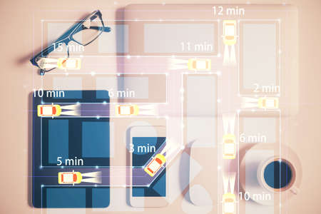 Multi exposure of auto technology theme drawing over table with phone. Top view. Concept of...