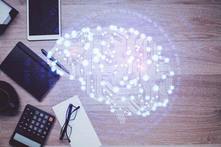 Double exposure of brain sketch and table top veiw. Concept of data analysis.