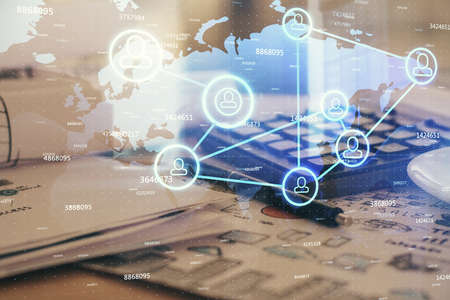 Double exposure of social network theme drawings and desk with open notebook background. Concept of...