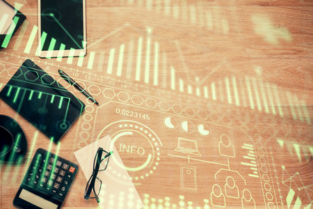 Double exposure of technology drawing and work table top veiw. Concept of hightech.の写真素材