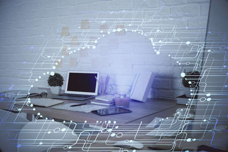 Double exposure of data theme drawing and office interior background. Concept of technology.