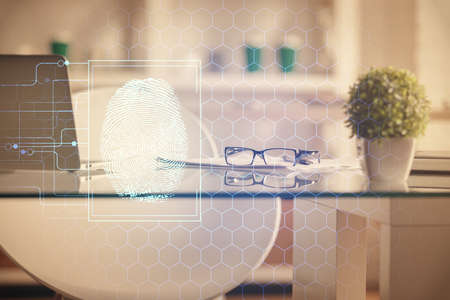 Double exposure of finger print and office interior background. Concept of security.の写真素材