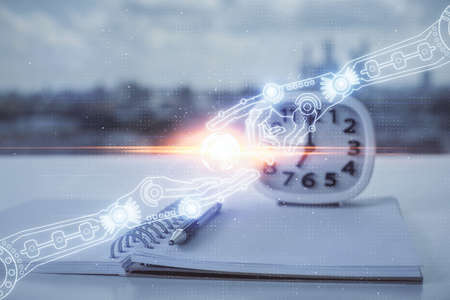 Multi exposure of data theme drawings and desk with open notebook background. Concept of education