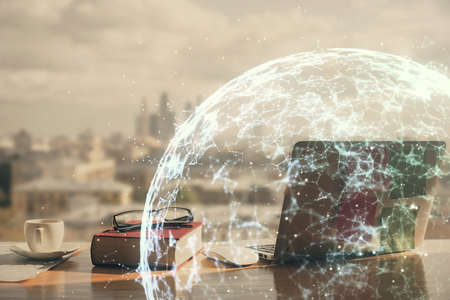 Double exposure of social network theme drawings and desk with open notebook background. Concept of...