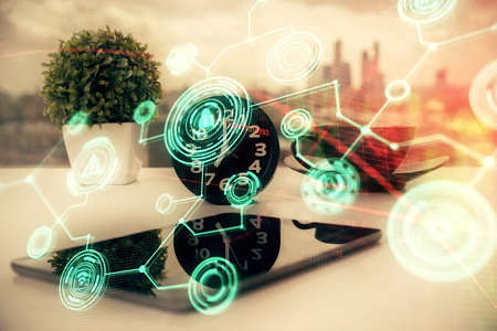 Double exposure of social network theme drawing and cell phone background. Concept of people connection over the worldの写真素材