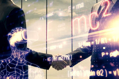 Double exposure of formulas drawings hologram and handshake of two men. Education concept