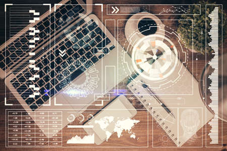 Multi exposure of data theme drawing hologram over topview work desk background with computer....