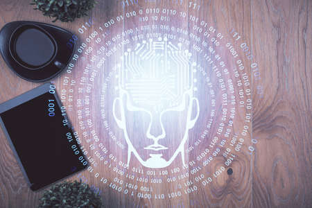 Multi exposure of brain drawing over work table desktop. Top view. Global data analysis concept.