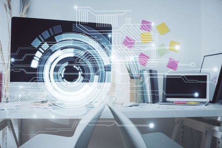 Double exposure of data theme drawing and office interior background. Concept of technology.