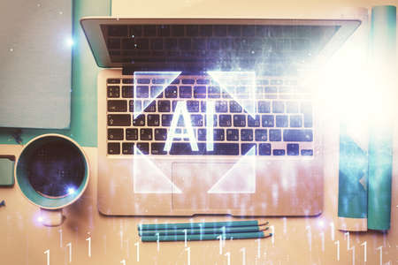 Multi exposure of data theme drawing hologram over topview work desk background with computer. Concept of technology.の写真素材