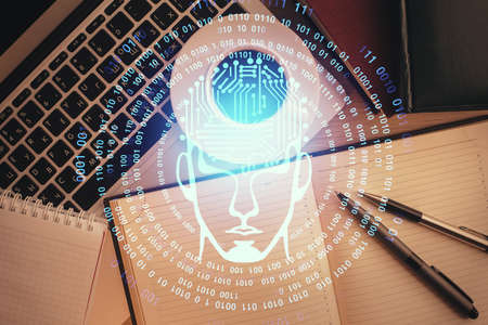 Double exposure of brain drawing hologram over topview work table background with computer. Concept...