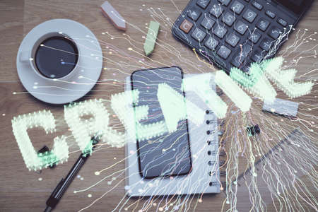Multi exposure of creative drawing over table with phone. Top view. Concept of startup.の写真素材