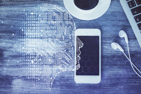 Multi exposure of brain drawing over work table desktop. Top view. Global data analysis concept.